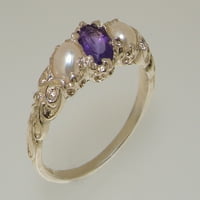 Britanci napravio je 10k bijeli zlatni prirodni ametist i kultivirani biserni ženski trilogijski prsten