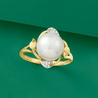 Ross-Simons kultivirani biser listovni prsten sa dijamantnim naglaskom u 14KT žutom zlatu za žensko,