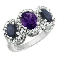 10k bijeli zlatni prirodni ametist i hq plavi safir 3-kameni prsten ovalni dijamant akcent, veličina
