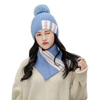 Ženska zimska pletena Beanie Hat Turtleneck ovratnik krug šal set kontrastna boja prugasta plišana obložena
