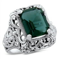 Sterling Silver Art Deco stil simuliran 3. Carat Vibrant smaragdni filigranski prsten 528