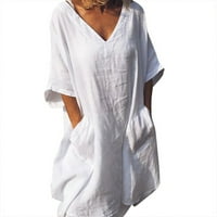 Haljine za čišćenje Žene oblače V-izrez Ljeto Čvrsto povremene rukave Plaža Pockets Mini haljina bijela