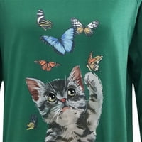 Modne žene Ležerne prilike O-izrez Cat Print Dug rukav majica Dressy Casual Fall Top košulja pulover