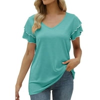 Drindf majice za žene labave fit v vrat ruffle rukave tunike na vrhu casual solid proljetna ljetna bluza