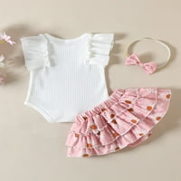 Thaisu 0-2Y Baby Girls Ljetna suknja Outfit setovi Fly rukava s rebrastim pletenim rub + cvjetni culots