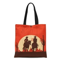 Platno Tote Bag Western Silhouette kaubojskog par jahanja konja na drvenoj garnitura za višekratnu upotrebu