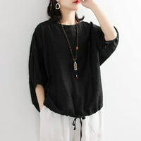 Sayhi ljetni vrhovi za žene pamučne posteljine košulje od punog ljetnog rukava izrez casual majica crna