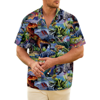 Dinosaur Havajske majice za muškarce - Dinosaur lišće uzorak casual majica kratkih rukava dolje Havajska