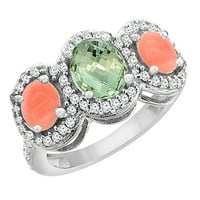 14k bijelo zlato prirodno zeleno ametist i koralj 3-kameni prsten ovalni dijamant naglasak, veličine