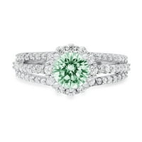 1. CT sjajan okrugli rez simulirani zeleni dijamant 14k bijeli zlatni halo pasijans sa accentima prsten