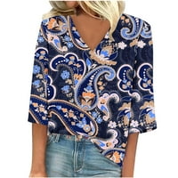 Žene plus veličina Lijep klasični pulover Basic Tops Paisley majice V bluza za rukavu izrez Tamno plave