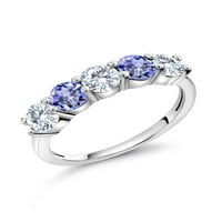 Gem Stone King 0. CT okrugli G-H Lab Grown Diamond Blue Tanzanite Sterling Srebrni prsten