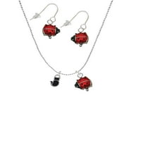 Delight nakit Silvertone Mala 2-D Crna mačka Nazad Red Lucky DameBug ogrlice i viseći naušnice