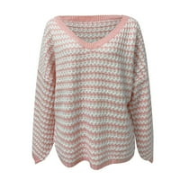 KPOPLK Ženski Vrući rebrani džemper Ležeran dugi rukav pulover prugasti trendi labavi skakač Top Pink,