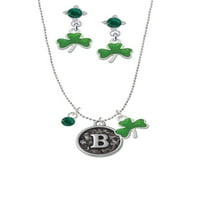 DELIGHT nakit silvertni okrugli pečat - početni - B - zelena ogrlica i delonantne naušnice nakit set