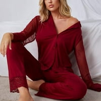 Ženska čipka pidžama postavljena jesenska zima dugih rukava s dugim rukavima gornji i hlače Nighty Set