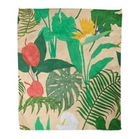 Flannel baca pokrivač od zelenog anthurij eghurij eghurijski cvijeće i napušta šumu Monstera Soft za