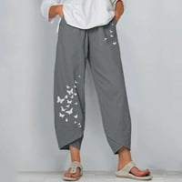 HHEI_K Ženska ležerna modna labava pamučna i posteljina leptir Print Wide-noge hlače posteljine za žene
