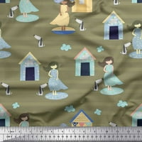 Soimoi Blue Rayon Crepe Tkanina kuća, pas i djevojka crtani izvlašteni zanatski tkanini sa dvorištem