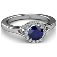 Blue Sapphire i dijamantni zaručni prsten za halo 1. CT TW u 14k bijelo zlato