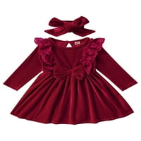 Djevojke za bebe Velvet haljina i headress, vino crvena puna boja dugih rukava s dugim rukavima s dekorom