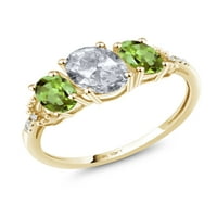 Gem Stone King 10k žuti zlatni dijamantni zaručni prsten od 3 kamena 2. CT ovalni bijeli Topaz zeleni