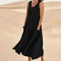 Žene plus veličine Ženska ljetna V izrez Modni casual Solid Boja pamučna posteljina duga haljina crna