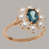 Britanci napravio 14k Rose Gold Prirodni London Blue Topaz & Cultired Pearl Womens Ring - Veličine Opcije