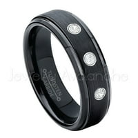 Brušeni crni volfram prsten - 0.21ctw Diamond 3-kameni trake - Personalizirani vjenčani prsten za volfram
