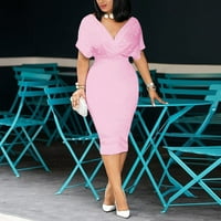 Plus veličina haljina za žene u boji cijevi V-izrez na pola rukava natrag sa zatvaračem ružičasta ružičasta
