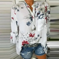 Fjofpr Ženo majice Elegantne bluze za ženske ležerne cvjetne tiskane majice V-izrez gumb na rukavima