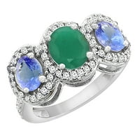 10k bijeli zlatni prirodni kabochon smaragd & tanzanite 3-kameni prsten ovalni dijamant akcent, veličine