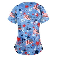 SKSLOEEg piling vrhovi Žene Stretchy Clearence 4. jula Američka zastava Ispisuje V-izrez Radna odjeća s džepovima Košulje Radna uniforma, Sky Blue XXXL