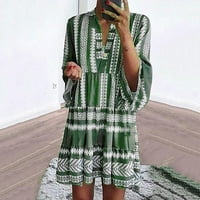 Haljine za žene plus veličine haljine dugi rukav Boho retro grafički ispisani labavi V-izrez Mini zeleni