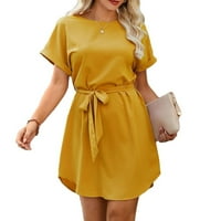 Ženski povremeni obični okrugli izrez Tunic kratki rukav senf žute haljine s