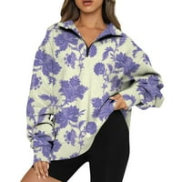 Zip pulover Žene Casual Prevelizirani polu-zip dukseri s dugim rukavima cvjetni print pulover ovratnik jakne ljubičaste xxl