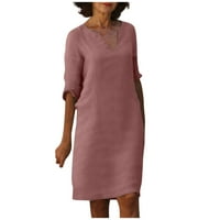 Homchy haljina za žene Ljeto Retro Solid Boja pamučna posteljina V-izrez pola rukava haljina svjetla