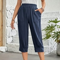 Ženski pamučni posteljina kapris sa džepovima ravno noga labav fit casual lounge capri pantalone za