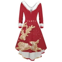 DrpGunly božićna haljina vintage remen za ispis struk V rect mrežasta haljina Vintage haljina dugih