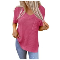 Modne žene Ležerne prilike, puni vrat Pleteni džep labavi džemper kratki rukav ružičasta