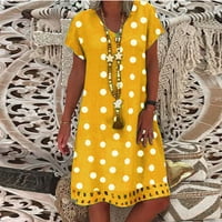 Žene kratki rukav Polka Dot Fashion iznad koljena mini V-izrez ljetna haljina žuta s