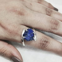Prirodni Lapis Lazuli prsten, grubi Prsten Lapis Lazuli, Cross Prong prsten, srebrna, ženski prsten,