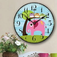 Slatki zidni sat, 14 Moderna porodična animirana crtana ukras Drveni sat oslikani slon sova lijepi stil tihi kvarcni kretanje # za dječje dječjeg djeteta naljepnica