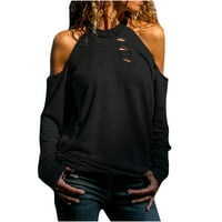 Clearfice dugih rukava za žene za žene salon o-vrat s ramena čvrste boje izdubljene blube majice, crna
