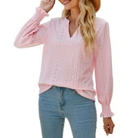 Ženski modni vrhovi čvrsti V-izrez dugih rukava labav pulover ružičasta 2xl