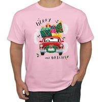 Sretan i jarko crveni automobil božićne muške grafičke majice, svijetlo ružičaste, x-velike