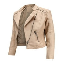 Glookwis Žene Blazers dugih rukava Modna odjeća Kratki tanki kaput rever vrat puni zip jakna moto kaki s