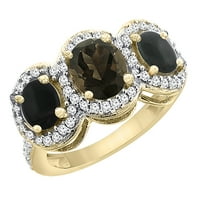 10k žuto zlato prirodno dimy Topaz & Black ony 3-kameni prsten ovalni dijamant akcent, veličine 9