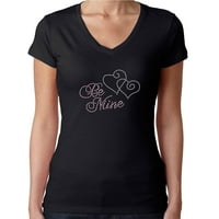 Ženska majica Rhinestone Bling Black Tee Budite mine Valentines Hearts Pink Pink Crew Crt