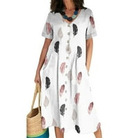 Ženske oblače V-izrez Srednja dužina Cvjetni a-linijski ljetni haljina kratkih rukava bijela 2xl